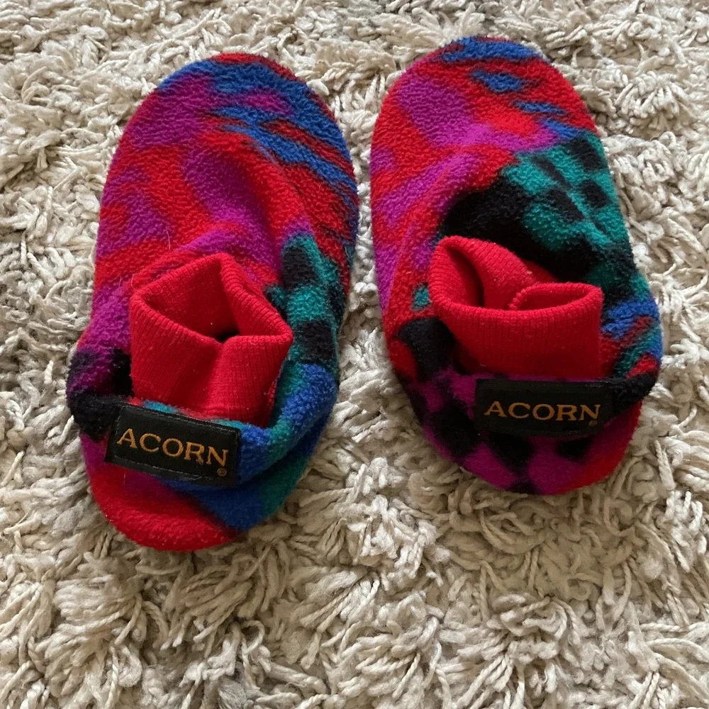 Acorn Kids Fleece Slipper Socks Multi Color Abstract Print Suede Sole Size XS